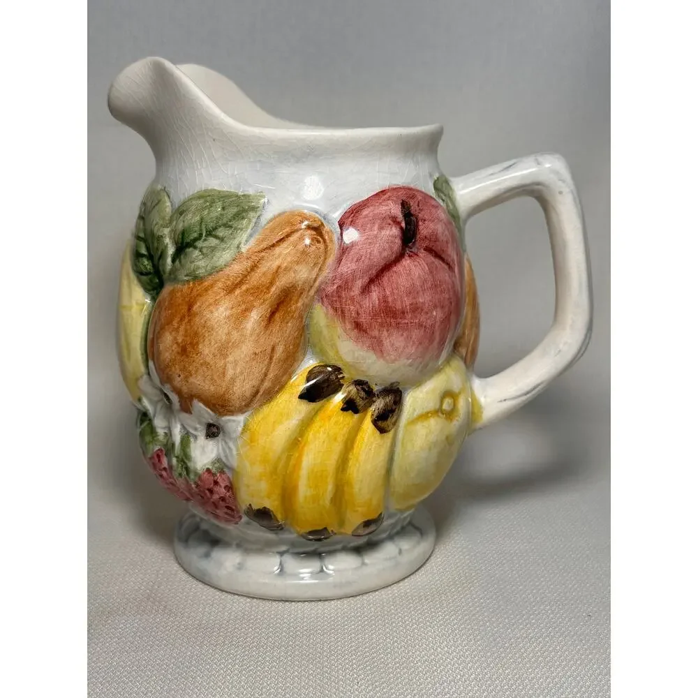 Vintage Otagiri Japan Majolica Style Ceramic Pitcher Hand-Painted Embossed Fruit